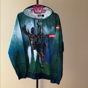 New Star Wars Men’s Boba Fett Flying Sublimated Zip Up Hoodie Sweatshirt Size L